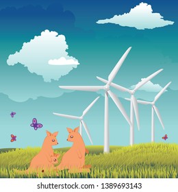Abstract landscape design with cute kangaroo illustration.