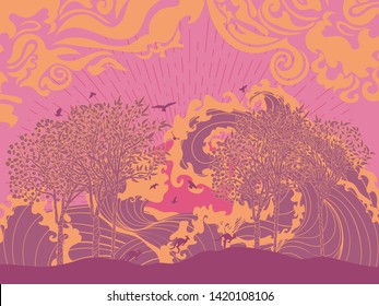 Abstract landscape design with cute kangaroo illustration.