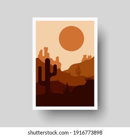 Resumen paisaje arte mural digital carteles de boho imprimibles, decoración de dormitorio, estampado de sol en el arte del desierto, arte de la terracota, arte en la pared del boho. Desierto con huella de sol y cactus para decoración interior bohemia vectorial
