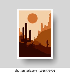 Abstract landscape digital wall art printable boho poster, bedroom decor, Desert art sunset print, Terracotta Art, boho wall art. Desert with sun and cactus print for bohemian interior decor vector