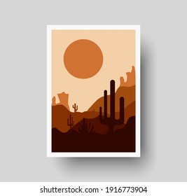 Abstract landscape digital wall art printable boho poster, bedroom decor, Desert art sunset print, Terracotta Art, boho wall art. Desert with sun and cactus print for bohemian interior decor vector