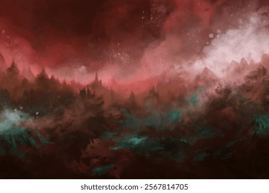 Abstract landscape, dramatic colors, ethereal atmosphere, fantasy scenery, artistic expression, digital painting, moody tones.