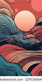 abstract landscape of earth with waves and moon, in the style of light beige and orange