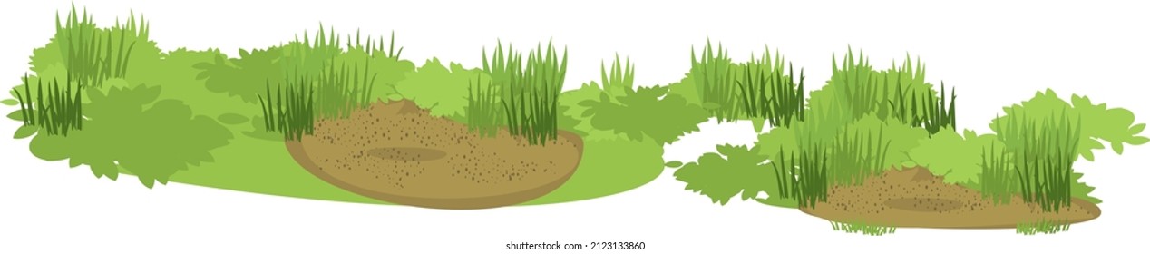 Resumen de elementos paisajísticos con césped verde y suelo marrón aislado en fondo blanco