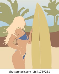 Abstract Landscape Fashion Beach Girl In Swimsuit And Surf Trendy Groovy Illustration Vector Design