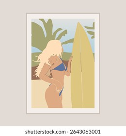 Abstract Landscape Fashion Beach Girl In Swimsuit And Surf Trendy Groovy Illustration Poster Background Vector Design