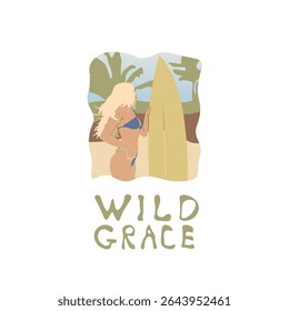 Abstract Landscape Fashion Beach Girl In Swimsuit And Surf Trendy Groovy Illustration T-shirt Print Poster Isolated On White Vector Design