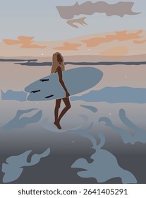 Abstract Landscape Fashion Sunset Beach Girl With Surf Trendy Groovy Illustration Vector Design