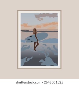 Abstract Landscape Fashion Sunset Beach Girl With Surf Trendy Groovy Illustration Poster Background