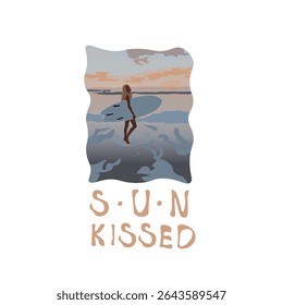 Abstract Landscape Fashion Sunset Beach Girl With Surf Trendy Groovy Illustration T-shirt Print Poster Isolated On White Vector Design