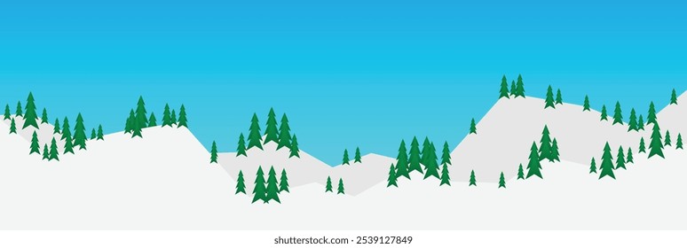 An abstract landscape featuring narrow vector illustrations of mountains and a forest, designed with a festive Christmas theme. Perfect for holiday cards, seasonal decor, or winter-themed graphics.