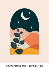 Abstract landscape with floral element, moon and stars at night. Vector illustration