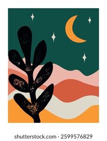 Abstract landscape with a floral element and mountains at night