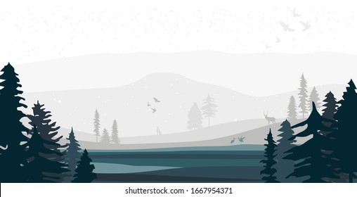 Abstract landscape. Forest animals, hills of coniferous wood with misty fog green mountains range, lake, river silhouette template. Editable vector illustration. 