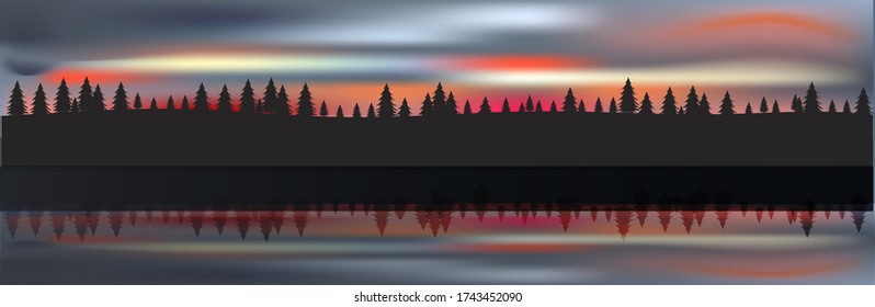 
Abstract landscape. forest and beautiful sky above the water. Beautiful sunset. Red Sky. A glimpse of the sky in the water. Vector illustration.