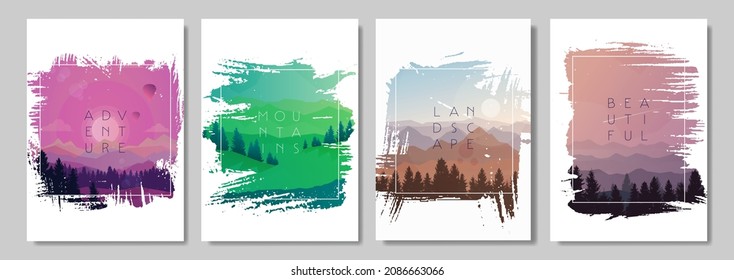 Abstrakte Landschaft. Rahmen gesetzt. Minimalistischer Stil. Flaches Design. Reisekonzept der Entdeckung, Erkundung, Beobachtung der Natur. Wandern. Abenteuertourismus. Banner mit polygonaler Landschaftsgrafik