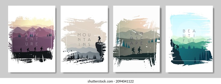 Abstract landscape. Frames set. Minimalist style. Flat design. Travel concept of discovering, exploring, observing nature. Hiking. Adventure tourism. Banners set with polygonal landscapes illustration