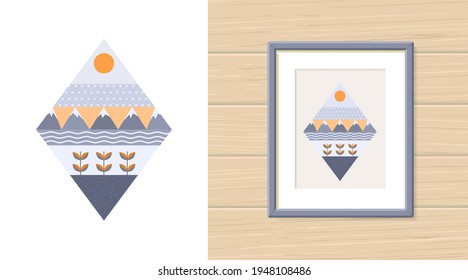 Abstract landscape from geometric shapes in frame. Vector illustration. Flat cartoon style