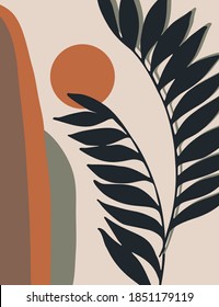 Abstract landscape with geometric shapes with sun and tropical leaves in mid century modern style. Minimalist art print, poster, boho wall decor, flat design in terracotta pastel colors. Vector illustration