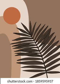 Abstract landscape with geometric shapes, sun, tropical leaves in mid century modern style. Minimalist art print, poster, boho wall decor, flat design in terracotta pastel colors. Vector illustration