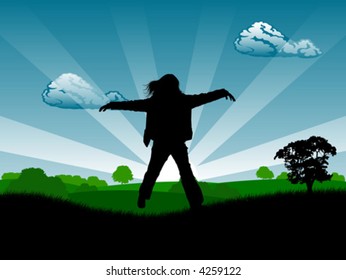 Abstract landscape with girl silhouette vector illustration