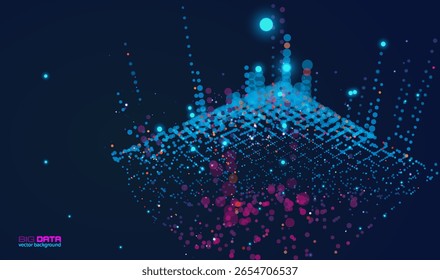 Paisaje Abstractas de partículas de datos brillantes que forman la superficie deformada con gráficos de barras de neón. Ideal para presentaciones de fintech, informes de IA, paneles de criptoanálisis. Fondo de Vector de color neón
