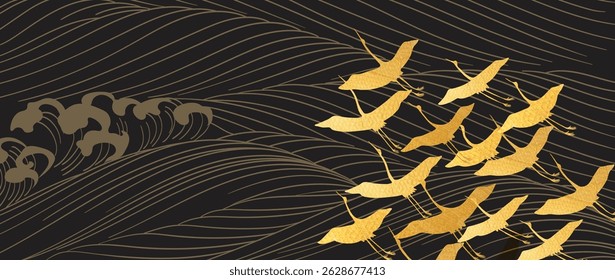 Abstract landscape with gold line Japanese wave pattern vector. Nature art black background with crane birds banner design style.