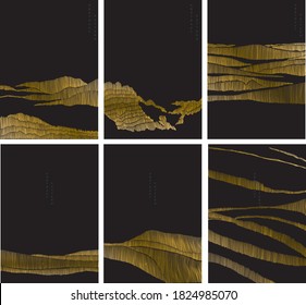 Abstract landscape with gold line pattern vector. Mountain forest template in oriental style.