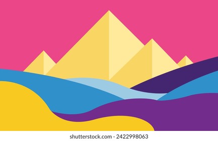 Abstract landscape with golden pyramids against a vivid pink sky, rolling blue and purple hills, and a modern, minimalist aesthetic