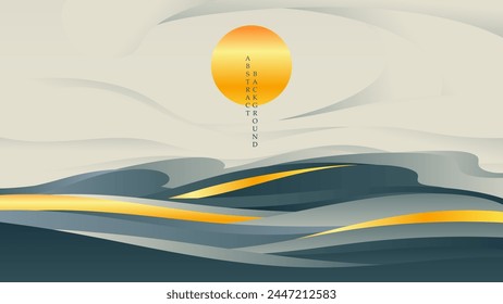 Abstract landscape with golden sun in Asian style