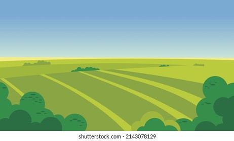 Abstract landscape with green fields, bush, trees,  Beautiful cartoon rural nature. Vector Illustration.