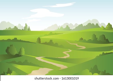 Abstract landscape with green fields, trees, lane. Beautiful rural nature. Vector Illustration.