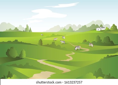 Abstract landscape with green fields, trees, lane and cows. Vector Illustration.