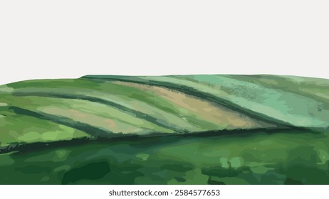 Abstract landscape with green hills. Green hills painted in abstract style. Layers of green create a serene abstract landscape of rolling hills. Vintage art illustration, vector.