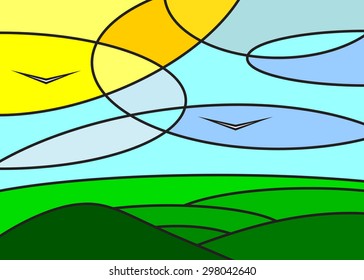 Abstract landscape green meadow and blue sky