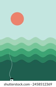 Abstract landscape green wave mountain with sun and house with smoke background, minimal poster