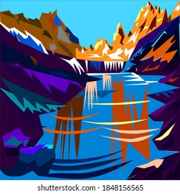 Abstract landscape with high mountains with illuminated peaks, stones in a mountain lake, reflection, blue sky and yellow sunlight at sunrise.Vector illustration