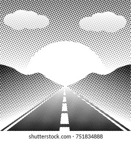 Abstract Landscape Highway with sun and clouds, black and white halftone style. Vector background Illustration.