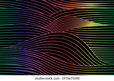 abstract landscape, hills, rainbow lines on a black background, seamless pattern