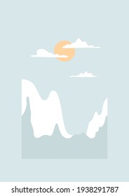 Abstrakte Landschaft. Hügel mit Schnee, Wolken und Mond. Gelbe Sonne am Himmel auf blauem Hintergrund. Minimalistische geometrische Vektorgrafik mit Bergen.