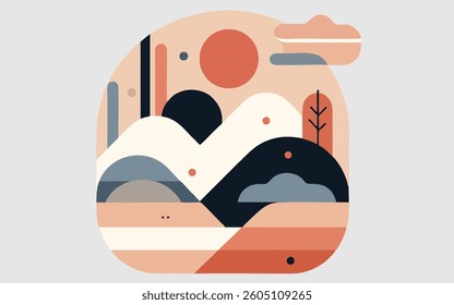 Abstract Landscape with Hills, Sun, and Clouds