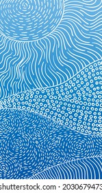 Abstract Landscape Hills, Sun And Sky, Hand Drawn Pattern Of Dashed Lines, Dots And Stripes Organic Shapes White On Blue Gradient Background, Inspired By Indigenous Aboriginal Art