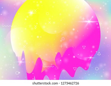 Abstract landscape with holographic cosmos and future universe background. Girlish mountain silhouette with wavy glitch. Futuristic gradient and shape. 3d fluid. Memphis abstract landscape.