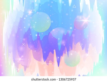 Abstract landscape with holographic cosmos and future universe background. Plastic mountain silhouette with wavy glitch. Futuristic gradient and shape. 3d fluid. Memphis abstract landscape.