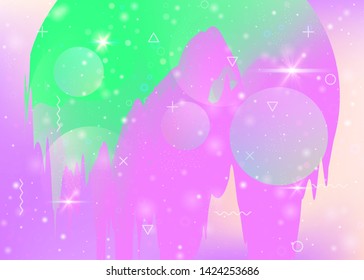 Abstract landscape with holographic cosmos and future universe background. Futuristic gradient and shape. Girlish mountain silhouette with wavy glitch. 3d fluid. Memphis abstract landscape.