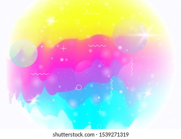 Abstract landscape with holographic cosmos and future universe background. Futuristic gradient and shape. 3d fluid. Iridescent mountain silhouette with wavy glitch. Memphis abstract landscape.