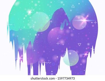 Abstract landscape with holographic cosmos and future universe background. 3d fluid. Futuristic gradient and shape. Vibrant mountain silhouette with wavy glitch. Memphis abstract landscape.