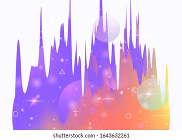 Abstract landscape with holographic cosmos and future universe background. Futuristic gradient and shape. Trendy mountain silhouette with wavy glitch. 3d fluid. Memphis abstract landscape.