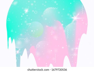 Abstract landscape with holographic cosmos and future universe background. 3d fluid. Futuristic gradient and shape. Creative mountain silhouette with wavy glitch. Memphis abstract landscape.