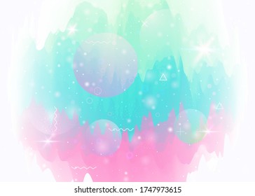 Abstract landscape with holographic cosmos and future universe background. 3d fluid. Mystical mountain silhouette with wavy glitch. Futuristic gradient and shape. Memphis abstract landscape.